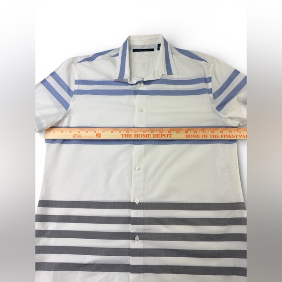 Perry Ellis Men’s Large Short Sleeve Button Down Shirt White Blue Striped L - Picture 7 of 9